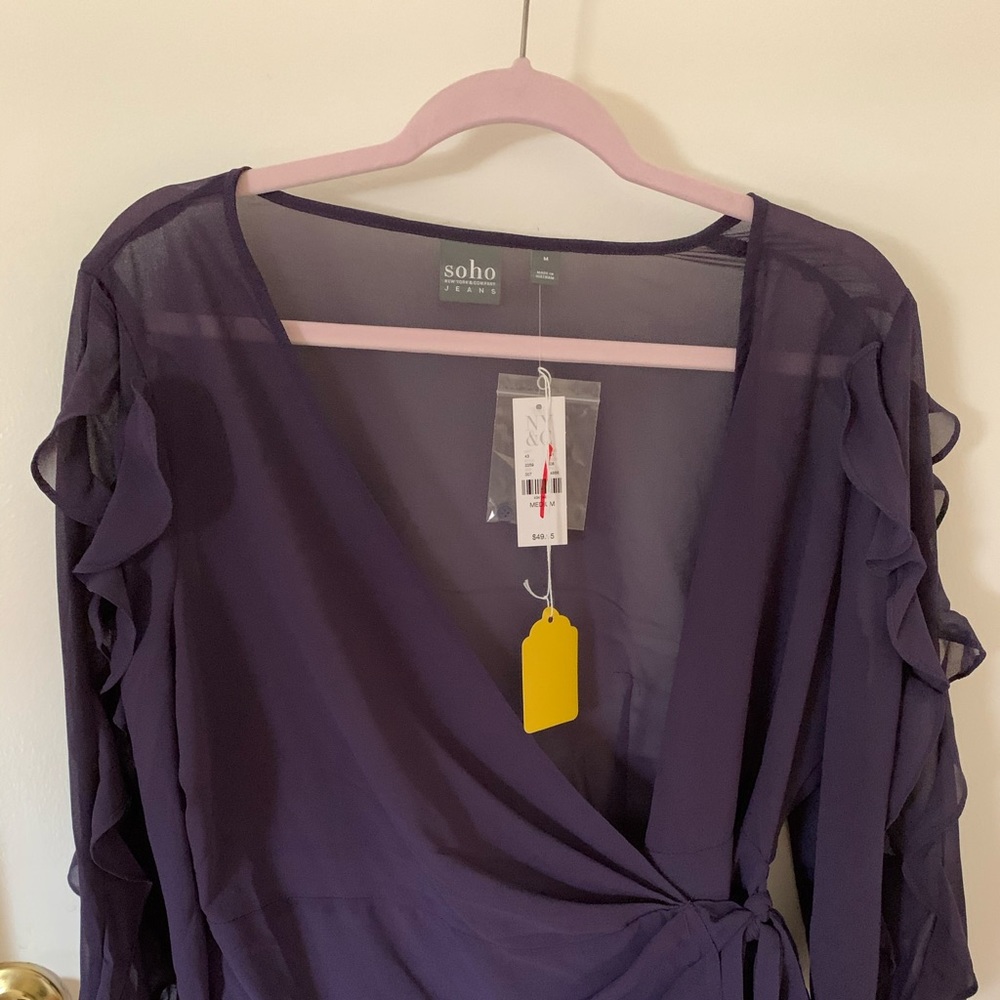 Eggplant chiffon tie waist blouse, size medium